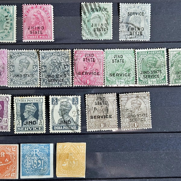 India feudatory states Jhind Bhopal Saurashtra Hyderabad Holkar stamps
