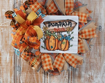 Farmhouse pumpkin wreath for front door,fall plaid wreath,autumn porch decor,fall wall decor,pumpkin patch wreath,Thanksgiving wreath