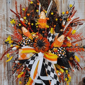Candy Corn Halloween Wreath for front door,Trick or Treat Wreath,Orange Yellow Black Autumn Wreath,Whimsical kid friendly Halloween wreath