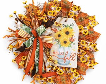 Hello Fall Farmhouse Wreath, Rustic Sunflower Door Decor , Autumn Wall Hanging, Sunflower Mason Jar Wreath