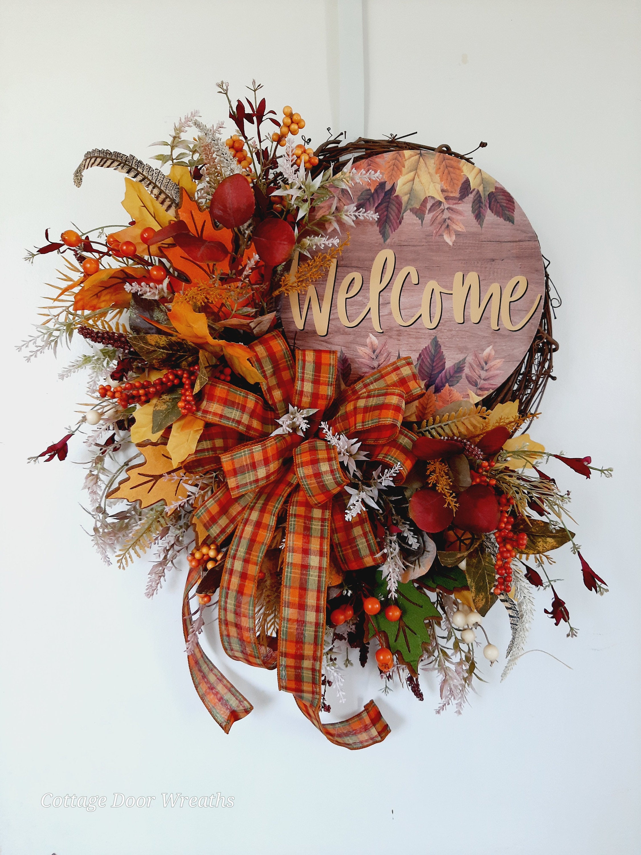 Fall Welcome Wreath for Front Door, Rustic Autumn Grapevine Wreath With ...