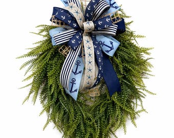 Nautical Wreath with Anchors, Coastal Summer Wreath, Beach House Door Decor, Navy Blue Greenery Wreath, Lake House Front Door