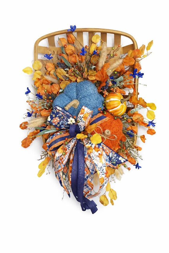large tobacco basket with wreath Blue Pumpkin Tobacco Basket Wreath, Rustic Autumn Farmhouse Door Hanger
