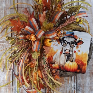 Autumn Wreath with Adorable Cow Sign,Fall Farmhouse wreath for front door,Rustic Harvest Front Door Decor,fall leaves and pumpkin wreath