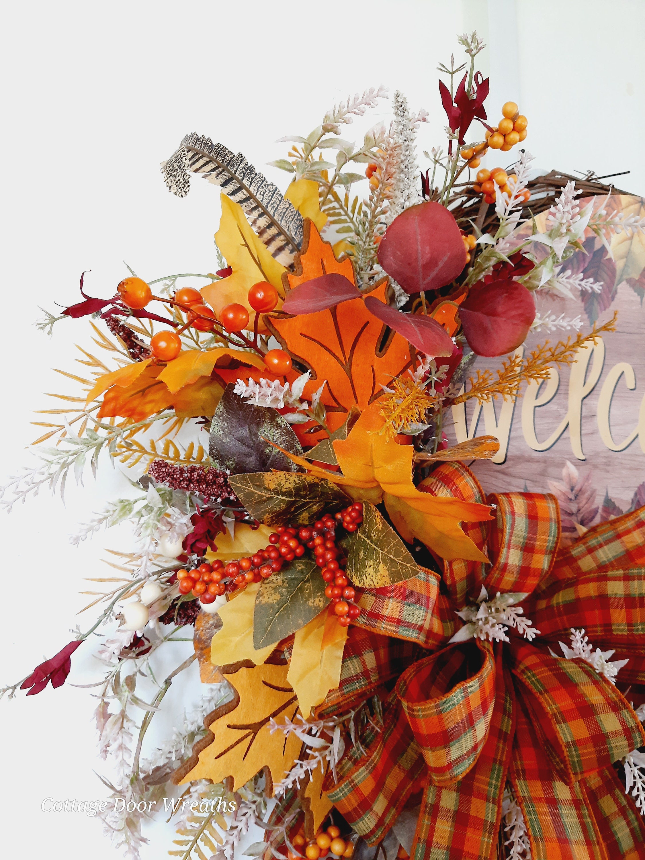 Fall Welcome Wreath for Front Door, Rustic Autumn Grapevine Wreath With ...