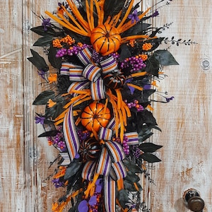 Halloween swag front door,Purple Orange Black Fall wreath,spooky chic Halloween wreath,gothic Halloween pumpkin swag