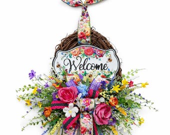 Floral Welcome Wreath with Sign, Bee Spring Summer Wreath, Mothers Day Decor, Farmhouse Front Door Wreath, Everyday Wreath