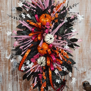 Halloween swag front door,Pink Orange Black Fall wreath,spooky chic Halloween wreath,gothic Halloween pumpkin swag