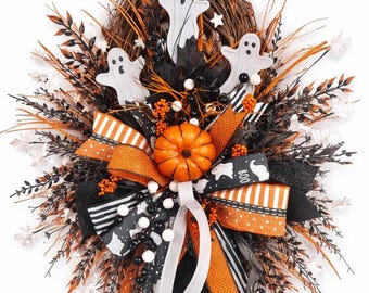 Handmade Halloween Ghost Wreath, Spooky Pumpkin Front Door Decor