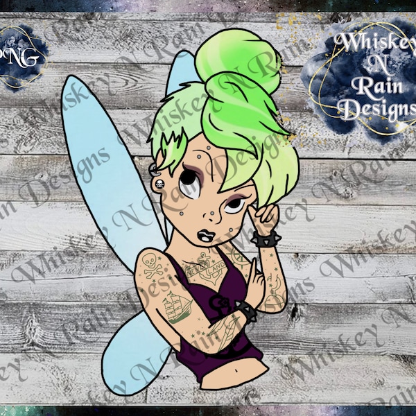 Tattooed Tinkerbell, PNG, Sublimation, Watercolor, Waterslide, Printable Decal, Sticker, Transfer, Digital, Image. Decor, Print then Cut