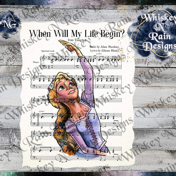 Rapunzul Sheet Music, When Will My Life Begin, Tangled, PNG, Sublimation, Watercolor, Waterslide, Sticker, Printable Decal, Transfer, Image