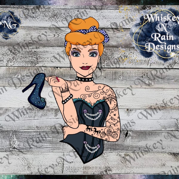 Tattooed Cinderella, PNG, Sublimation, Waterslide, Watercolor, Printable Decal, Sticker, Transfer, Digital Image, Decor, Princess