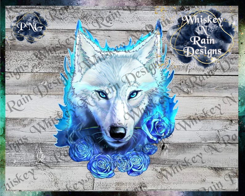 White Wolf With Blue Roses PNG Wildlife Nature - Etsy