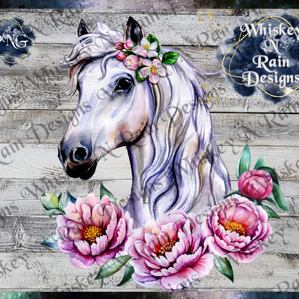Horse With Flowers, Sublimation, Waterslide, PNG, Printable, Decal, Sticker, Horse, Flowers, Floral, White, Watercolor, Pastel, Shirt Decal
