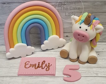 Handmade 100% edible Rainbow unicorn cake topper set - personalised