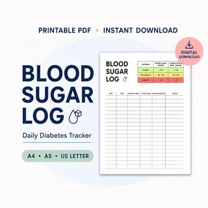 Könnte beinhalten: Ein weißes, druckbares Blutzuckerprotokoll mit dem Text "Blood Sugar Log" in Marineblau. Das Protokoll enthält Abschnitte für Datum, Uhrzeit und Blutzuckerspiegel. Die Wörter "Printable PDF" und "Instant Download" sind ebenfalls sichtbar.