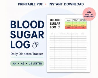 Blood Sugar Log Printable | Blood Glucose Log PDF | Diabetes Tracker | Diabetic Log Book | A4 A5 US Letter
