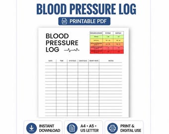 Blood Pressure Log Printable PDF | Blood Pressure Tracker, Hypertension Log, BP Chart, Daily Health Journal | A4 A5 Letter