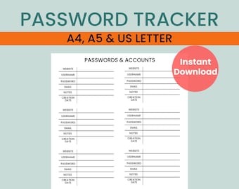 Password Tracker Printable | Password Log | Password Keeper | Password Organizer | Account tracker and log | Password list A4/A5/US letter