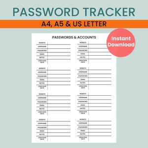 Password Tracker Printable | Password Log | Password Keeper | Password Organizer | Account tracker and log | Password list A4/A5/US letter