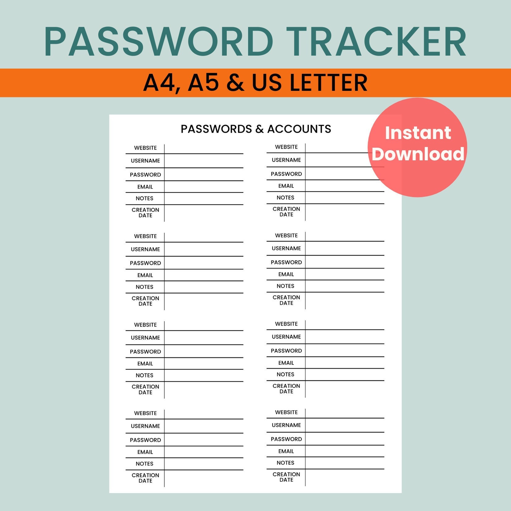 Password Tracker Printable Password Log Password Keeper Password ...
