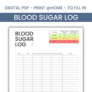 Bloedsuikerlogboek om af te drukken | Dagelijks bloedsuikerdagboek | Medisch protocol | Diabetes Tracker | Bloedsuikertabel