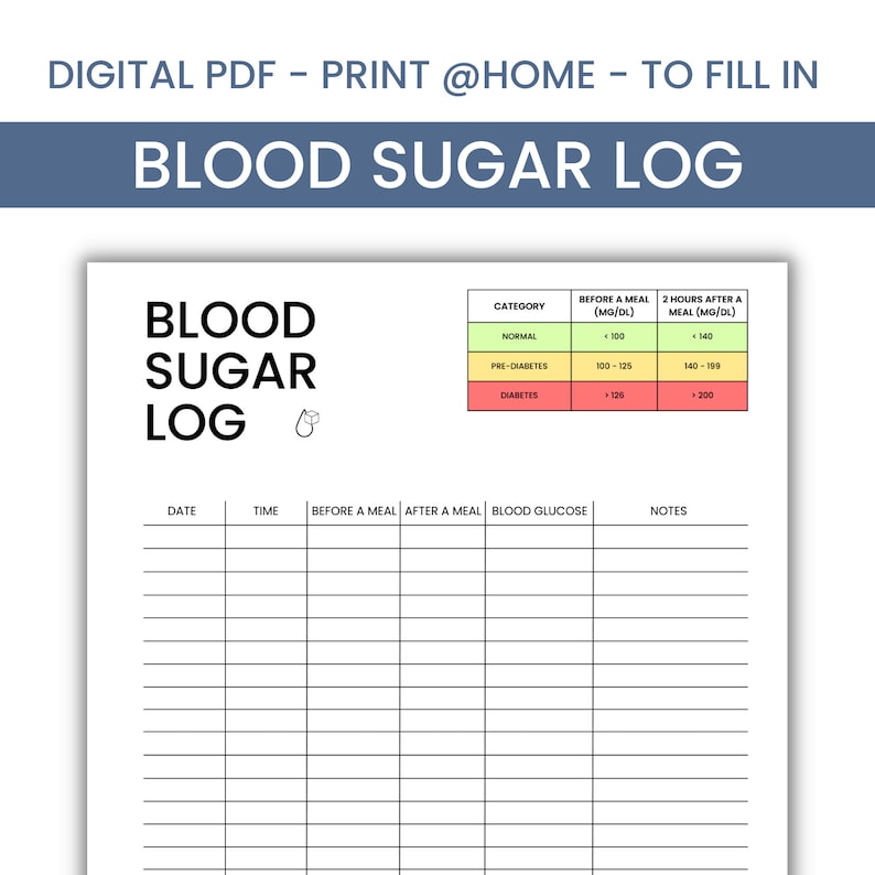 Blood Sugar Log Printable | Blood Glucose Log PDF | Diabetes Tracker