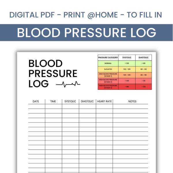 Blood Pressure Log printable | Daily Blood Pressure Tracker | Medical Log Book | BP Tracker | Blood Pressure Chart | Hypertension Tracker