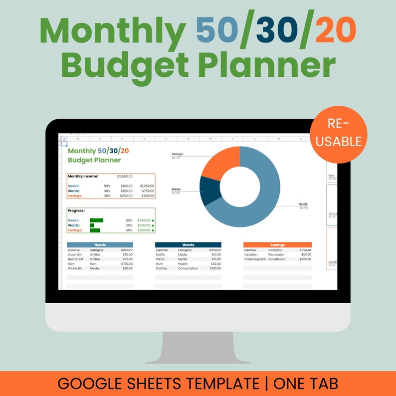 50 30 20 budget planner google sheets template monthly etsy
