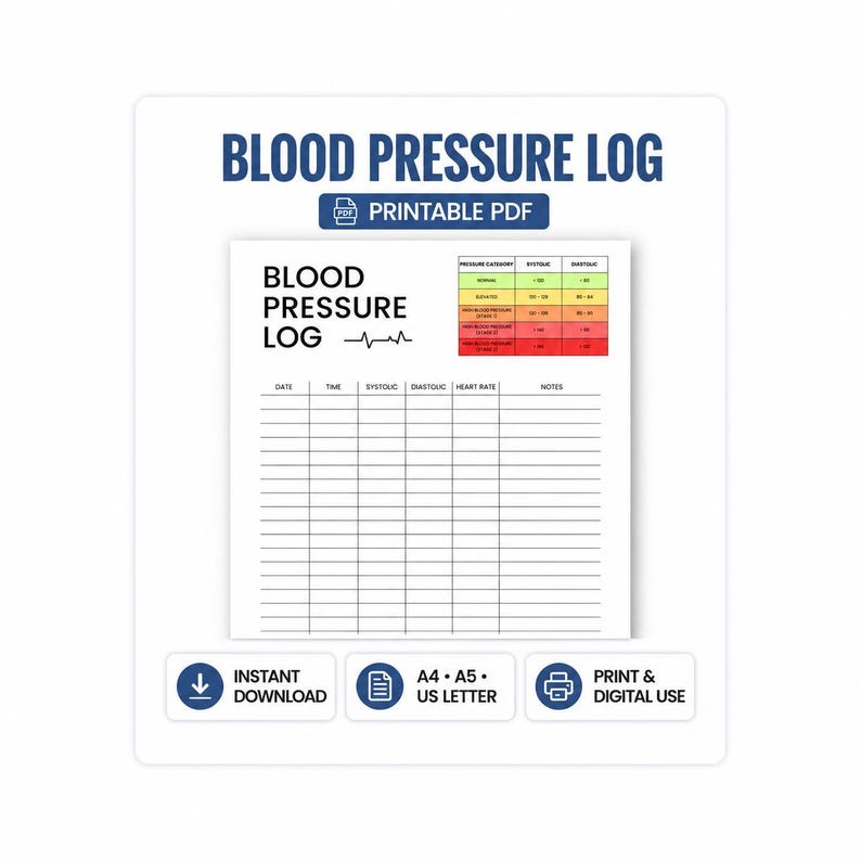 Blood Pressure Log Printable PDF | Blood Pressure Tracker, Hypertension ...