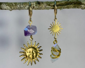 Golden earrings amethyst quartz and sun