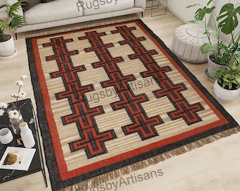 Vintage Wool Jute Kilim Rug, Handwoven, Wool and Jute Rug Handmade, Kilim Dhurrie Rug, Traditional Indian jute Area rug