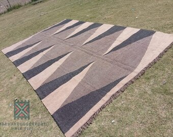 Tapis géométrique en laine et jute | Tapis bohème tissé à la main | Tapis tissé à plat