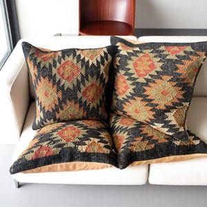 Handwoven Kilim Pillow Covers Set of 4: Turkish Jute & Wool Boho Cushions