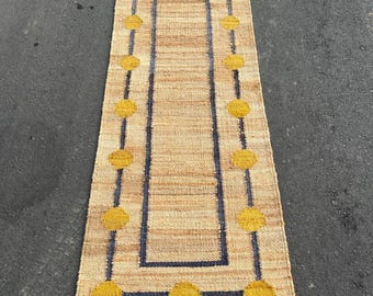 May include: A rectangular jute runner rug with a natural beige background. The rug features a dark blue border and vertical lines with yellow circular accents. The rug is designed for indoor use.