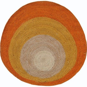 Hand Braided natural and orange round jute rug, egg pattern round jute rug bohemian round jute rug image 1