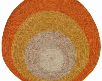 Round Braided Jute Rug - Sunset Gradient Area Rug - Handmade Orange and Yellow Circle Rug - Boho Sunburst Floor Mat - Sustainable Jute Decor