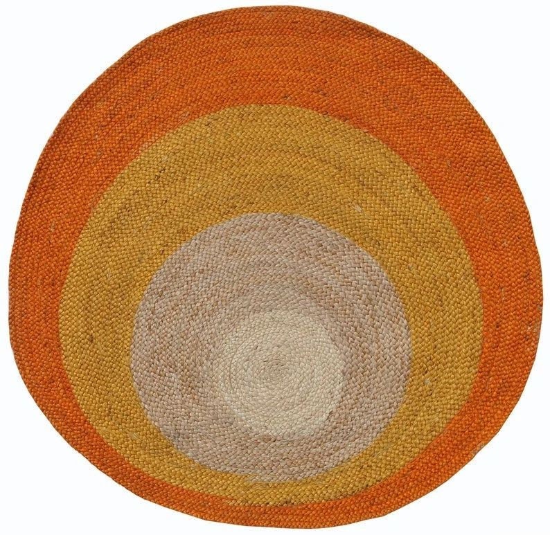 Hand Braided natural and orange round jute rug, egg pattern round jute rug bohemian round jute rug image 1