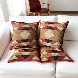 Handwoven Kilim Pillow Covers Set of 4: Turkish Jute & Wool Boho Cushions
