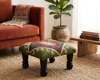Handwoven Wool Kilim Stool, Boho Wooden Footstool, Indian Ottoman Pouf