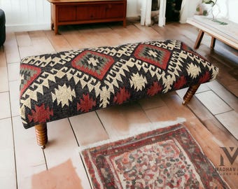 Vintage Kilim Polsterbank, handgefertigte Holzbank, Tribal Boho Eingangsbank, Southwestern Polstermöbel, rustikales Schlafzimmer