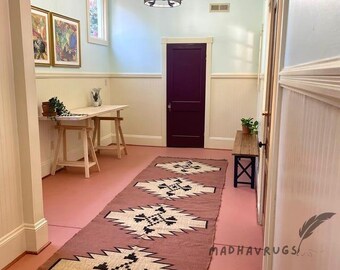 Alfombra de pasillo estilo suroeste, alfombra de pasillo de yute y lana tejida a mano, alfombra tribal bohemia, alfombra de pasillo estilo granja, alfombra de entrada rústica