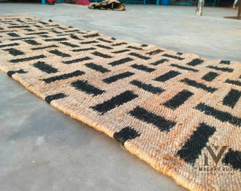 Handwoven Hemp Jute Rug: Black & Natural Pattern, Eco-Friendly Runner