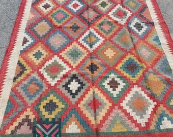 Handmade multicolor Wool and Jute Rug Handmade, Kilim Dhurrie Rug, Traditional Indian/WOOL JUTE RUGS