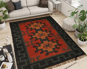 Handwoven Wool Jute Area Rug, Southwestern Rug, Rustic Boho Carpet, Tribal Geometric Rug, Farmhouse Living Room Decor