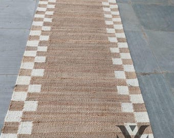 Natural White Jute Hemp Runner – Eco Friendly Vegan Stair Runner, Custom Size Available, Durable Staircase Rug