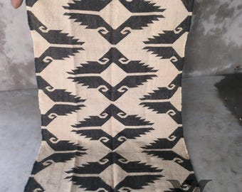Handwoven Tribal Wool Area Rug | Black & Ivory Geometric Rug | Boho Southwestern Carpet | Minimal Rustic Home Decor