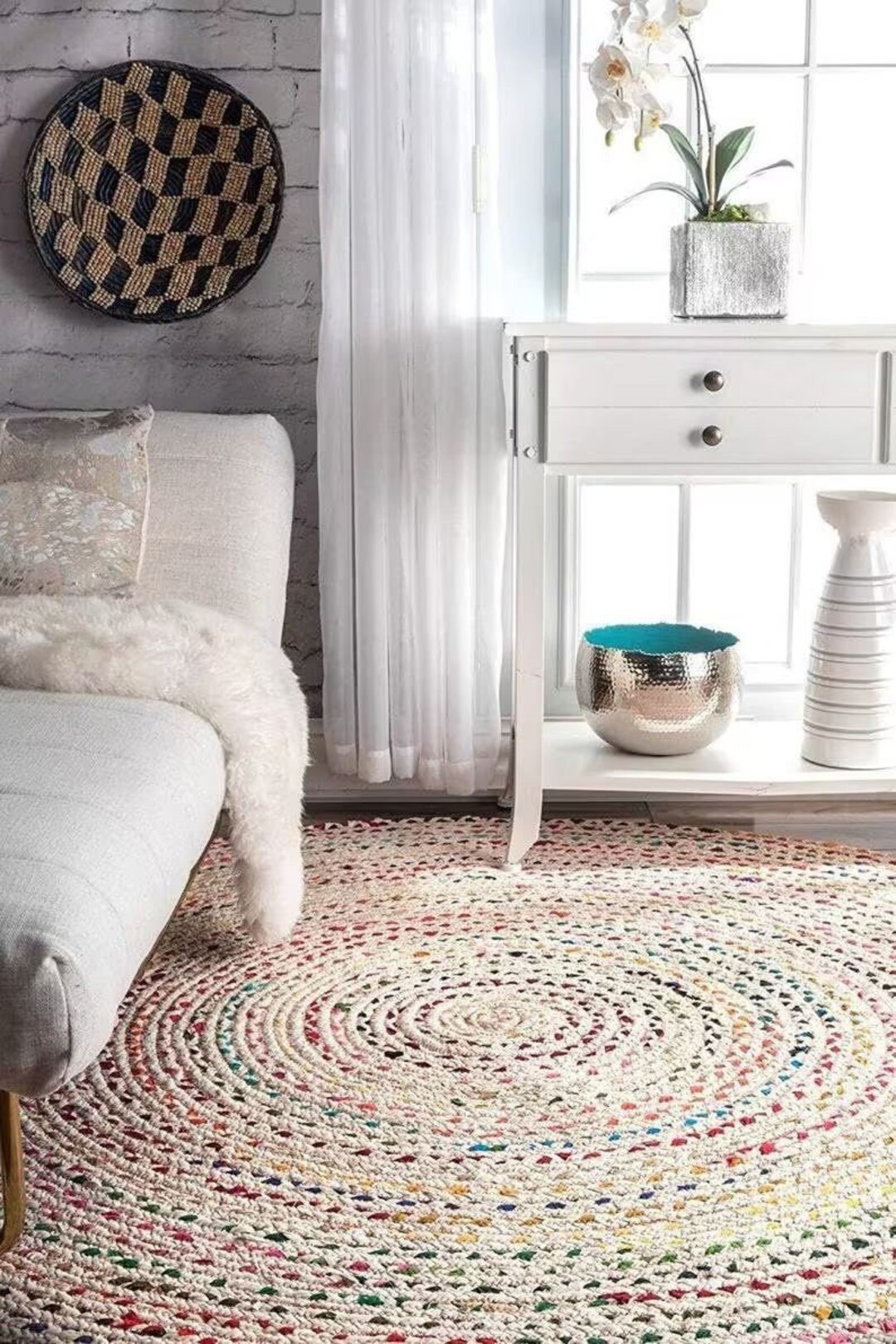 Bohemian Rug Pastel Multi-color Braided Rug - Round Scandi Boho Rug - Handwoven ...