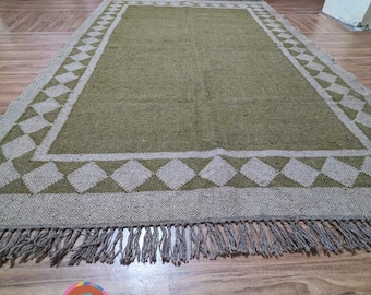 Handmade Green With White Dimond Pattern Kilim Runner, Wool Jute Runner, Kilim Runner Rug, Kilim Dhurrie, Home And Living Decor Rug, 3x5 ft