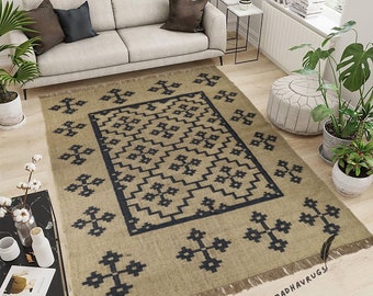 Handwoven Wool Jute Kilim Rug, Southwestern Tribal Geometric Flatweave Carpet